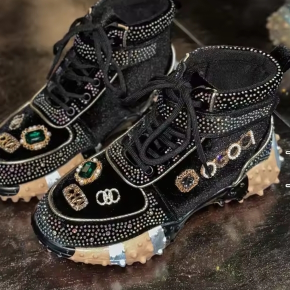 Shoes - Black and Gold Embellished Women's Sneakers